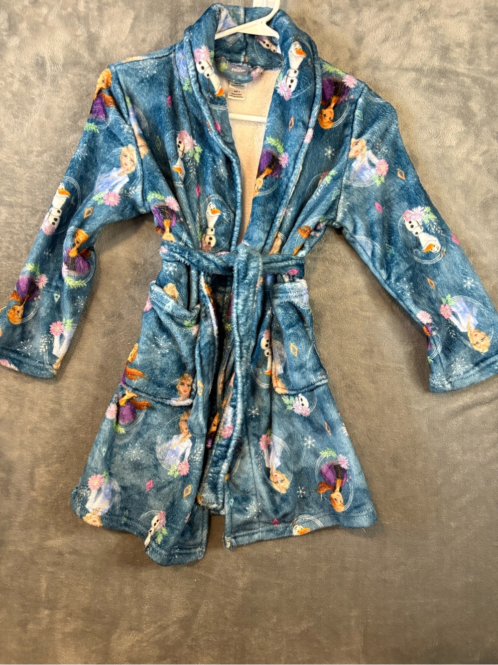 Disney Girls' Blue Plush Robe with Frozen Characters and Belt